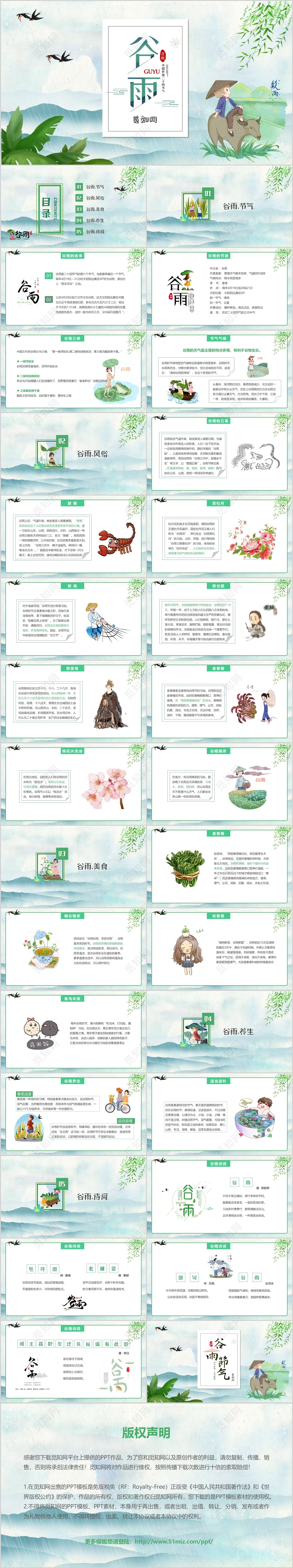 绿色小清新卡通传统文化二十四节气谷雨主题班会PPT模板