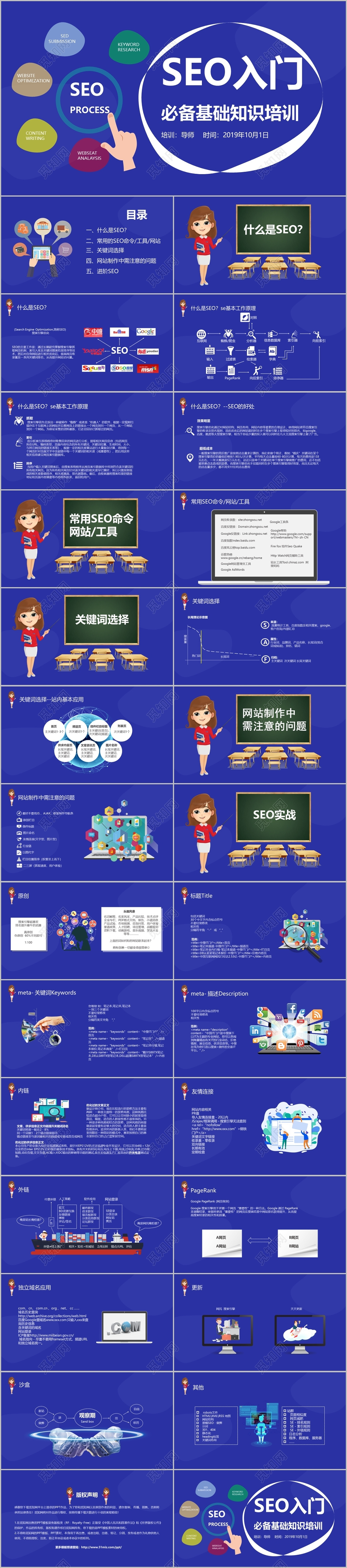 扁平卡通风SEO入门必备基础知识培训课件培训PPT模板