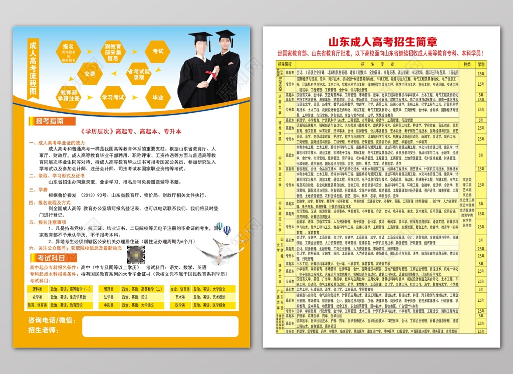 自考黄色简约阳光成人高考报名流程海报