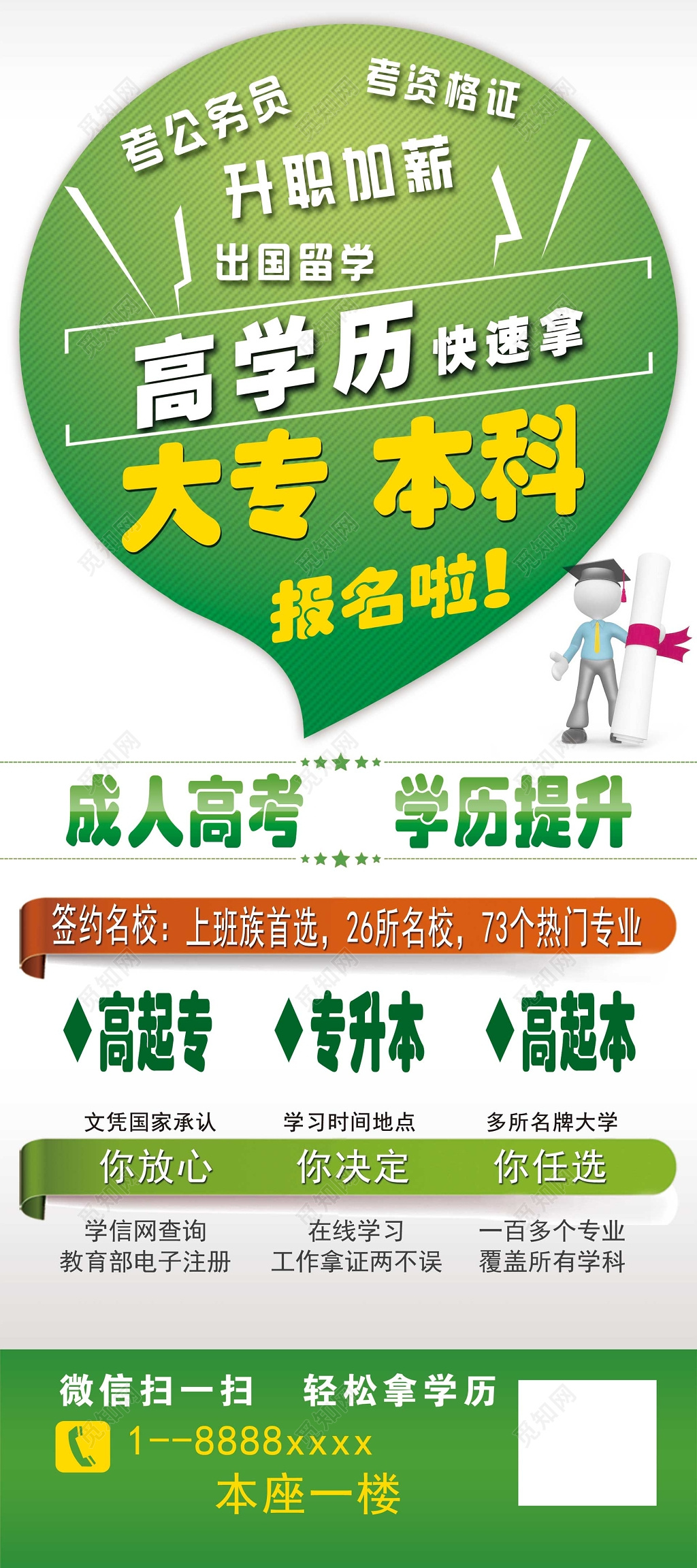 绿色清新自考成人高考宣传海报