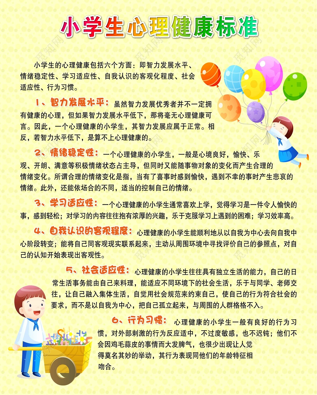 黄色卡通小学生心理健康教育海报