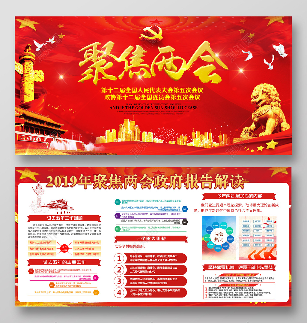 2019聚焦全国两会政府工作报告解读党建党课宣传展板
