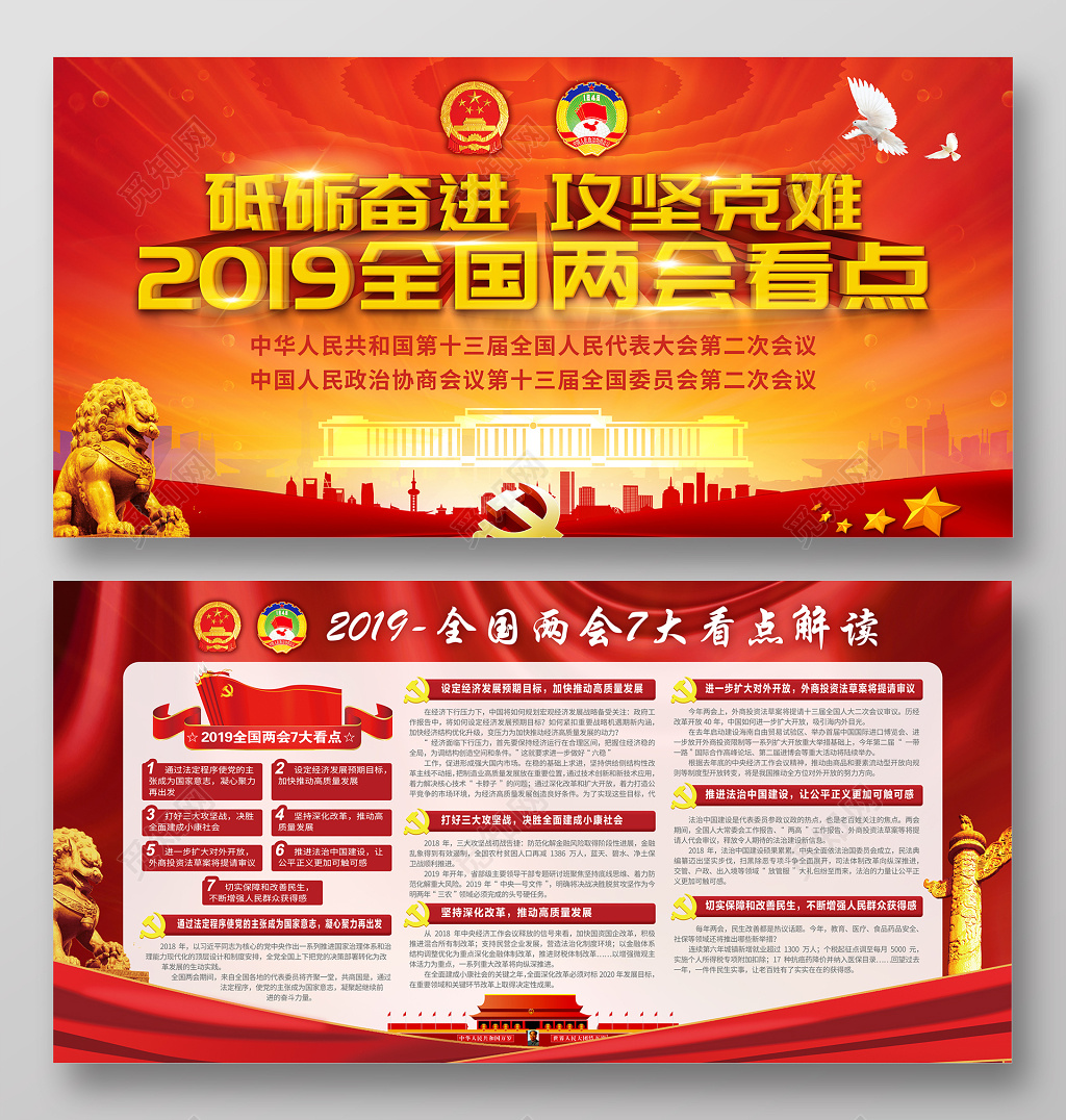 党建党课2019全国两会7大看点砥砺奋进攻坚克难展板