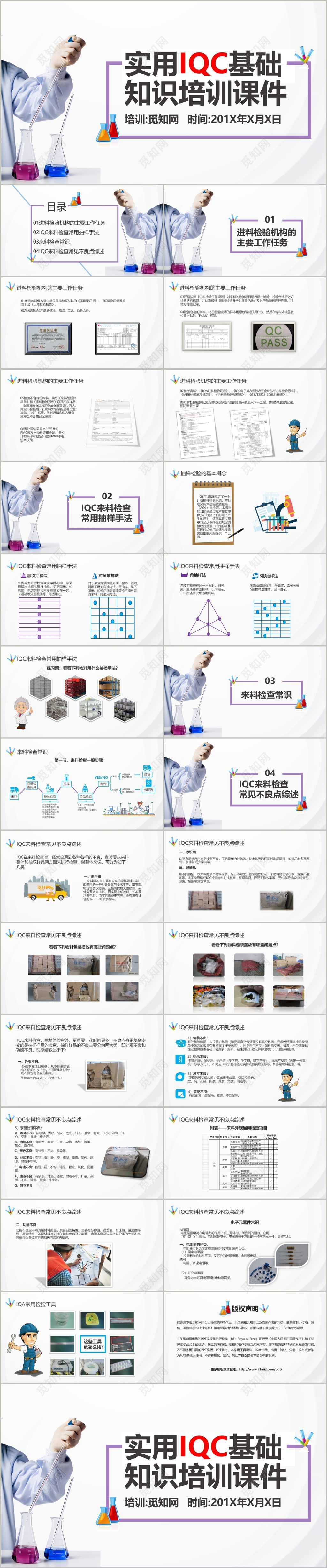 半卡通扁平插画风简约实用IQC基础知识培训课件培训ppt模板