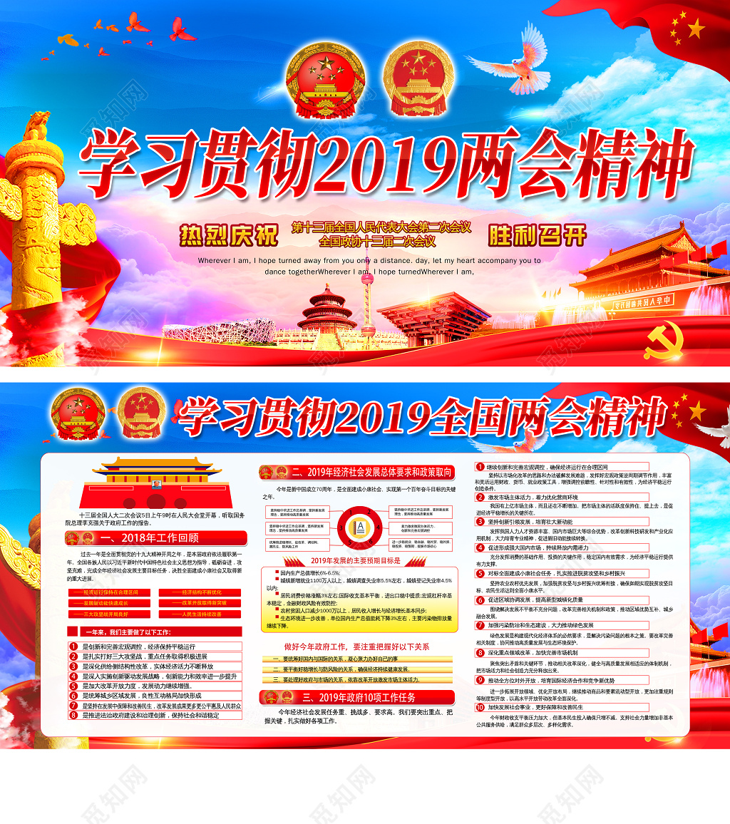 海报学习贯彻2019两会精神党课党建展板