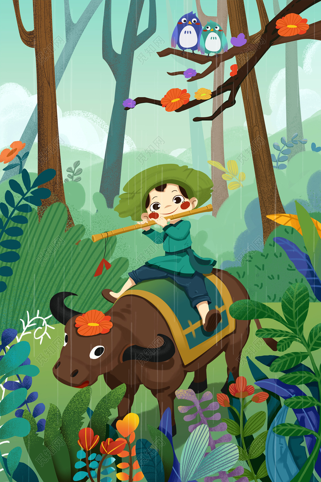 清明牧童放牛插画海报