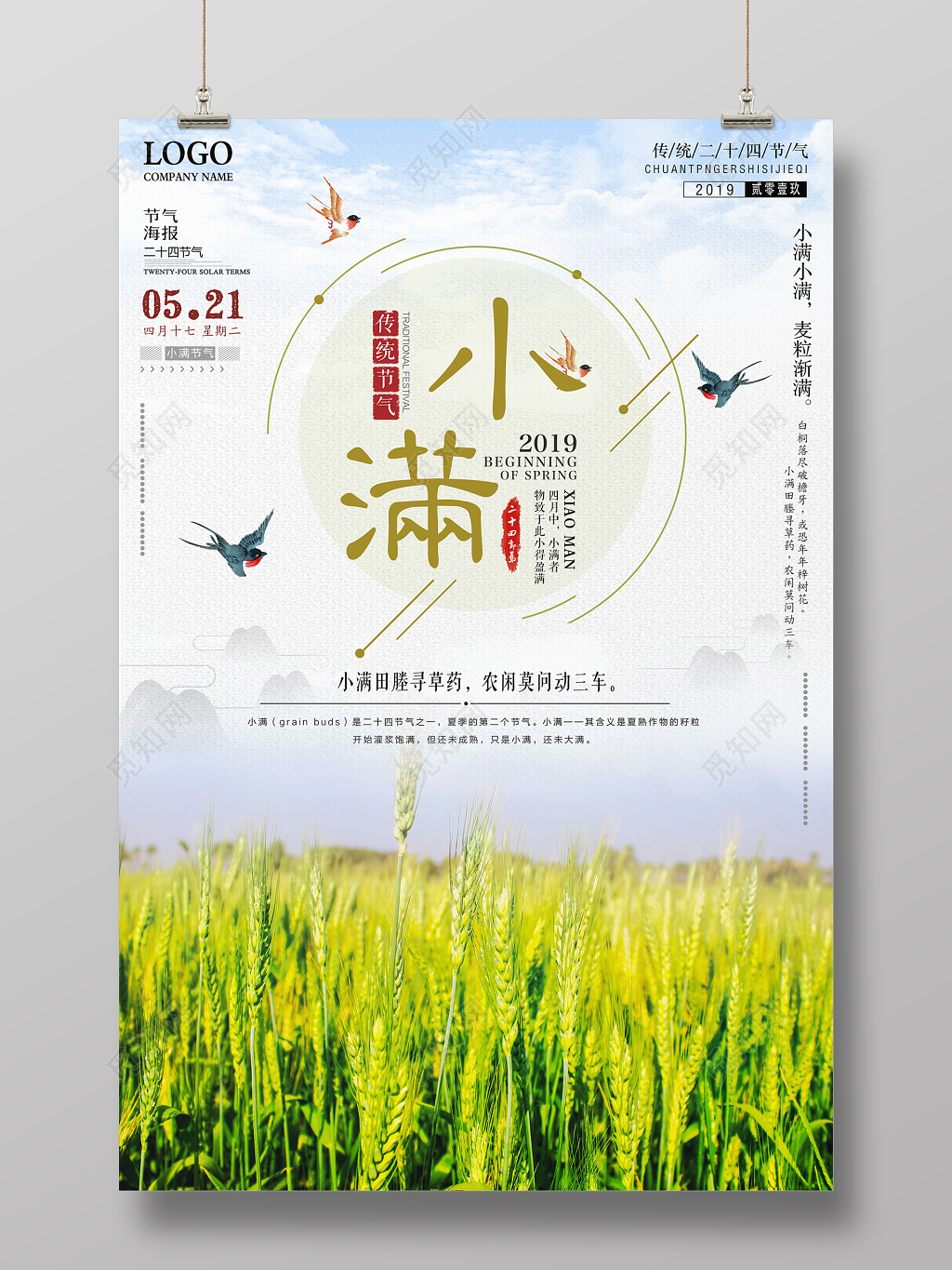 小满传统节气麦粒渐新绿色宣传海报