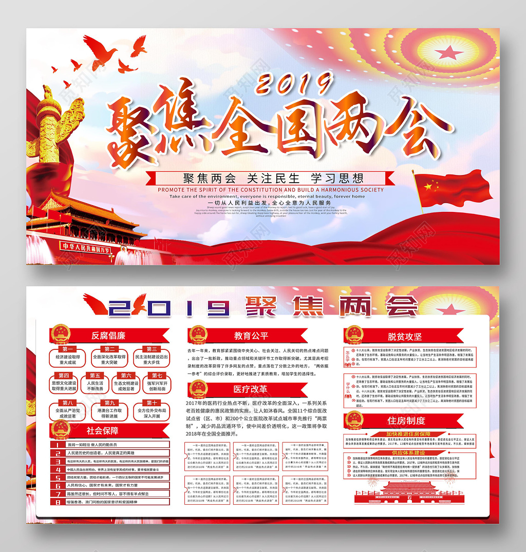 2019聚焦全国两会关注民生学习思想展板党建党课