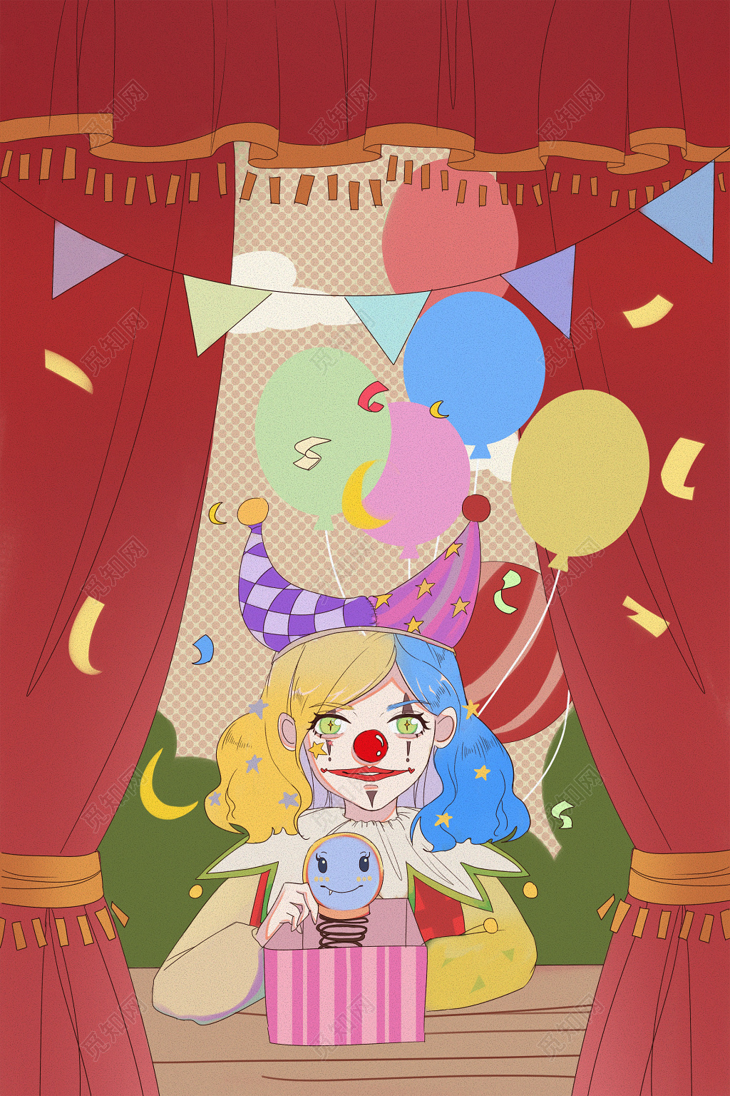 插画风愚人节小丑愚人节快乐