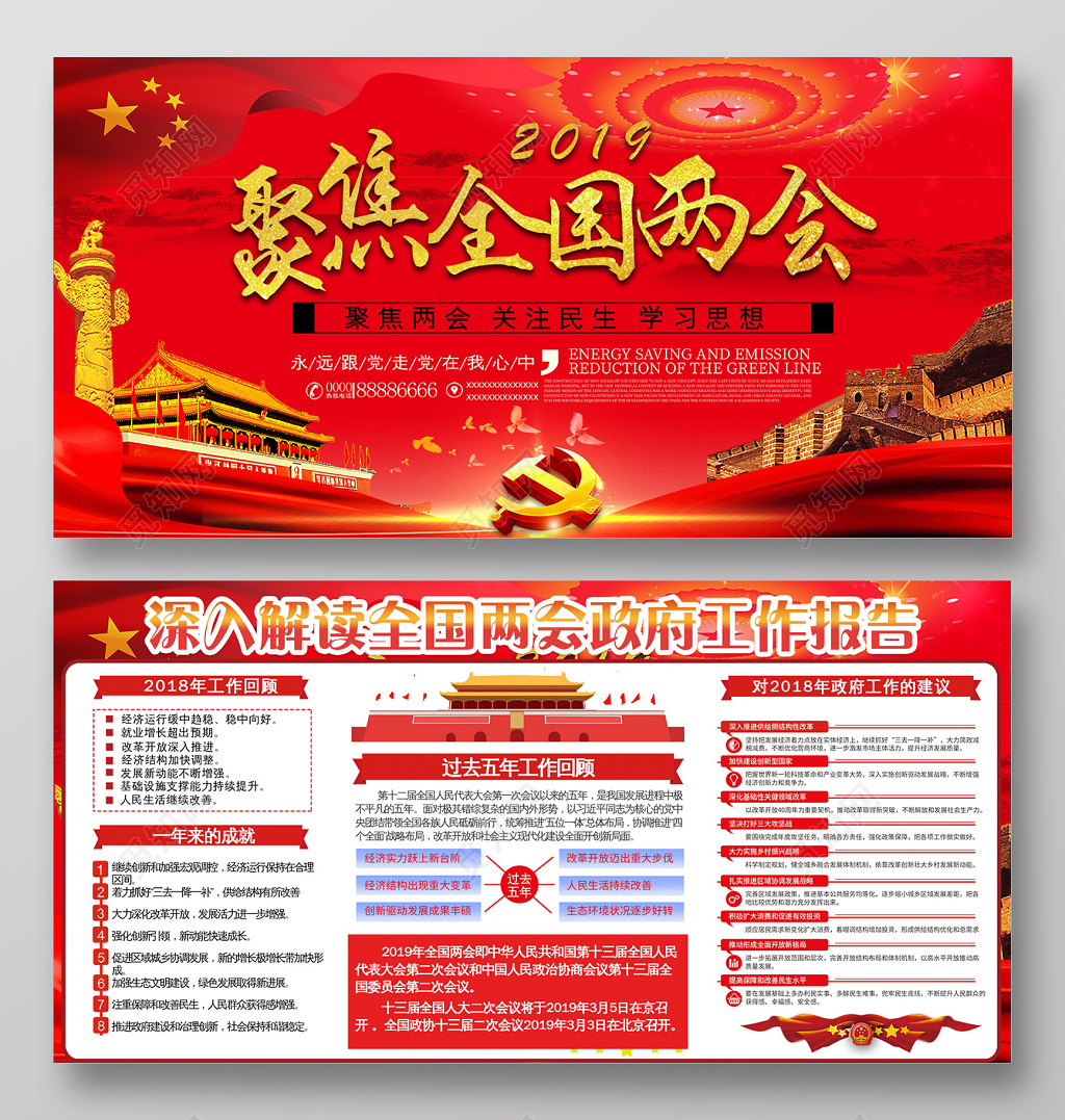 红色大气聚焦全国两会关注民生党建宣传展板