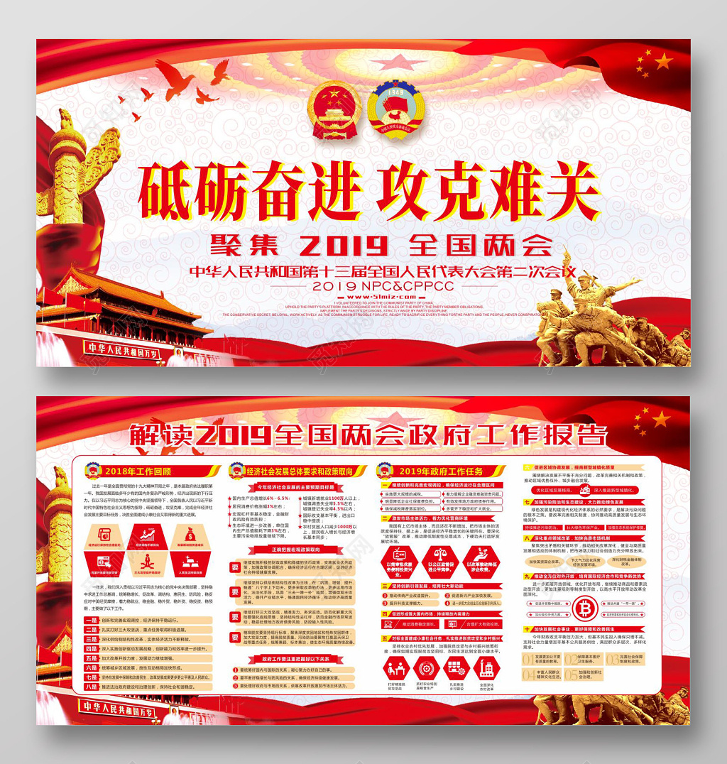 聚集2019全国两会海报砥砺奋进攻克难关党建党课