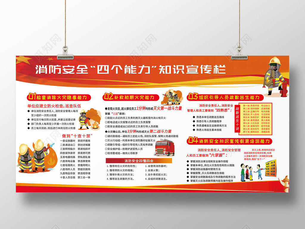 红色消防安全漫画知识展板
