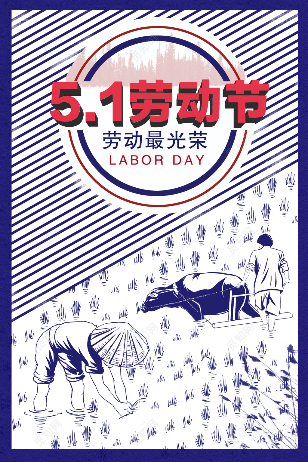 劳动节插秧耕牛劳动场景手绘插画海报