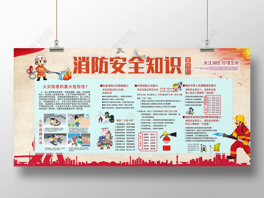 蓝底消防安全漫画知识宣传展板