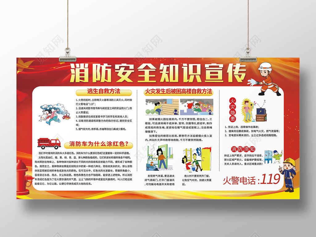 红色消防安全漫画知识宣传展板