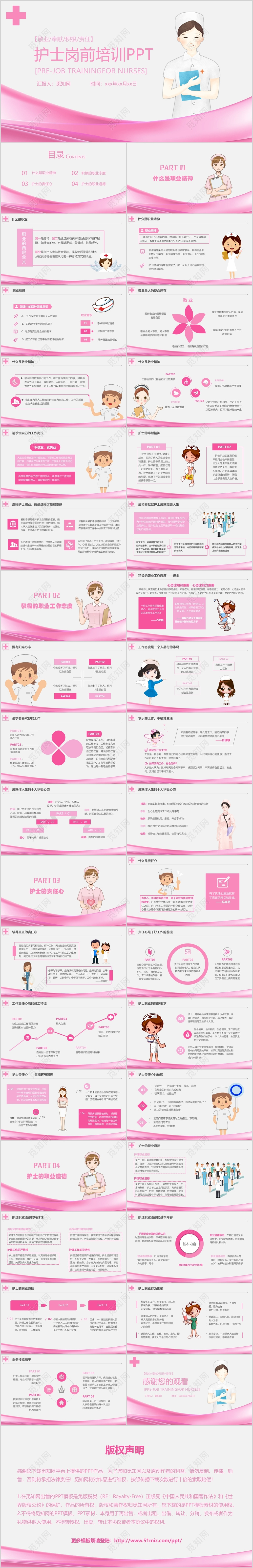 粉色医院医疗医护护理人员职业道德护士岗前培训总结PPT模板