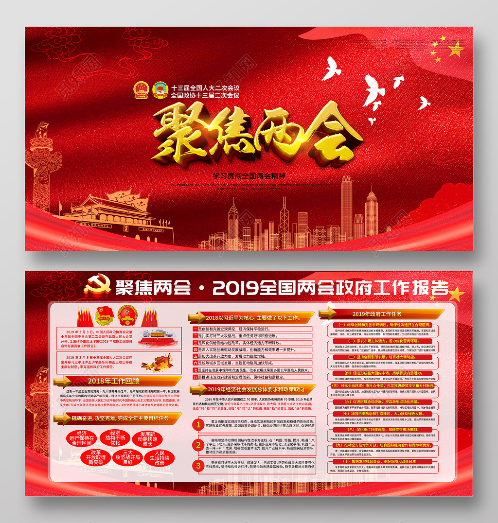 大气聚焦两会政府工作报告党建党课展板