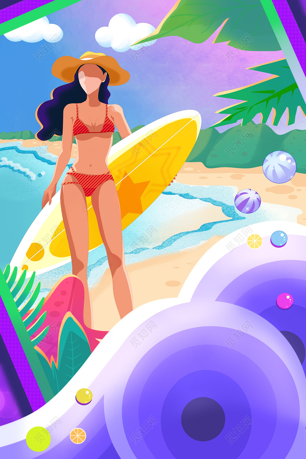 卡通撞色扁平插画风夏天海边冲浪海报