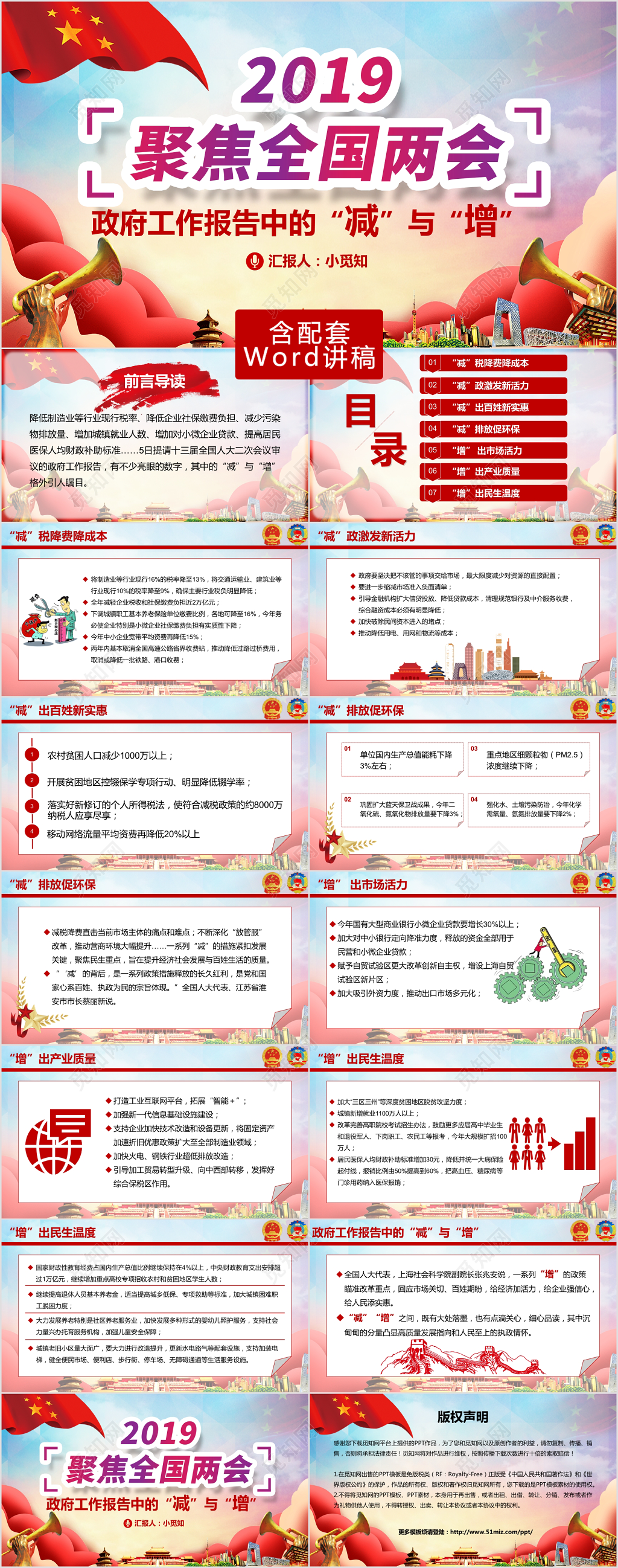 红色2019两会报告中的减与增解读党建党课党政PPT课件