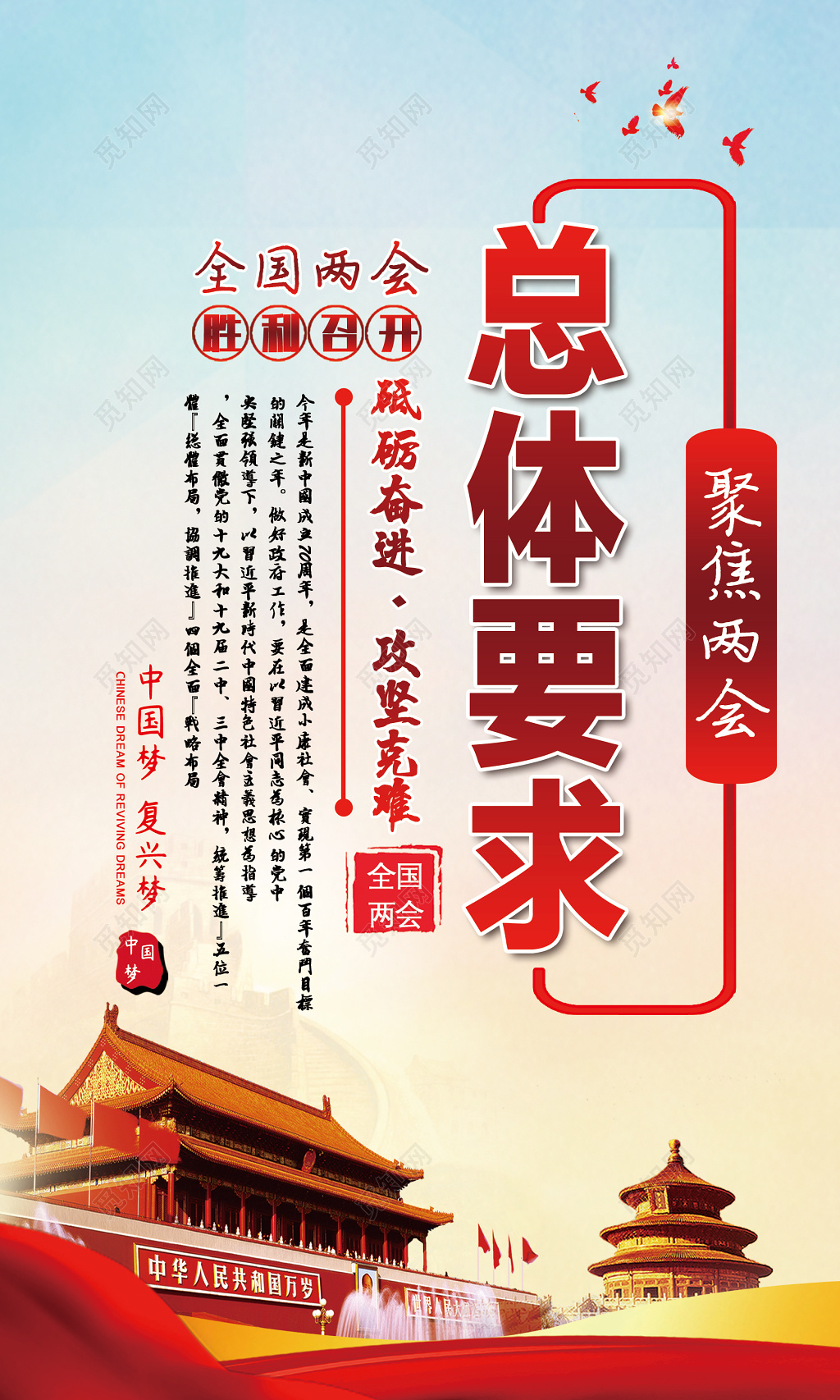 大气绚丽聚焦两会总体要求预期目标党建党课套图