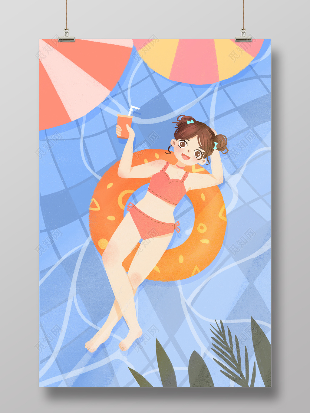 卡通可爱夏日清凉少女游泳海报素材