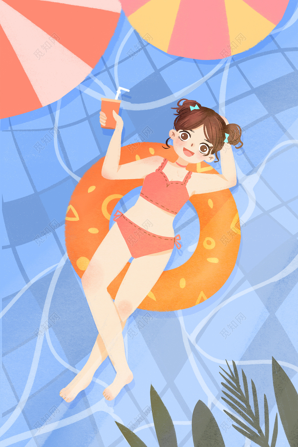 卡通可爱夏日清凉少女游泳海报素材