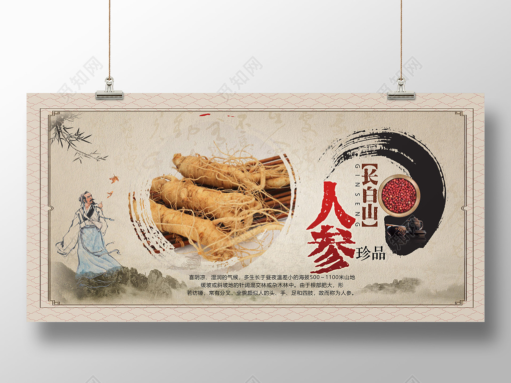 棕色保健品人参珍品营养中药简约展板