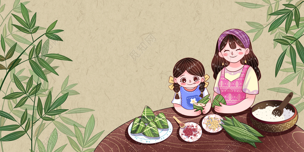 手绘端午节母女温馨包粽子海报