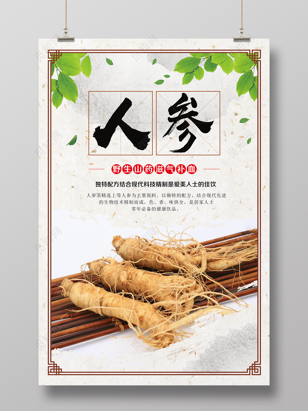保健品野生人参滋气补血简约海报