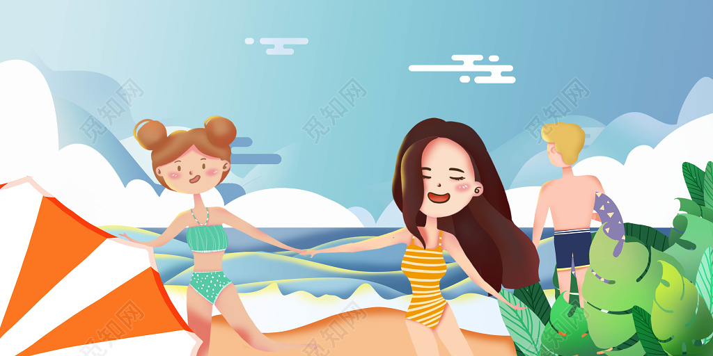 卡通扁平夏天女生海滩插画海报