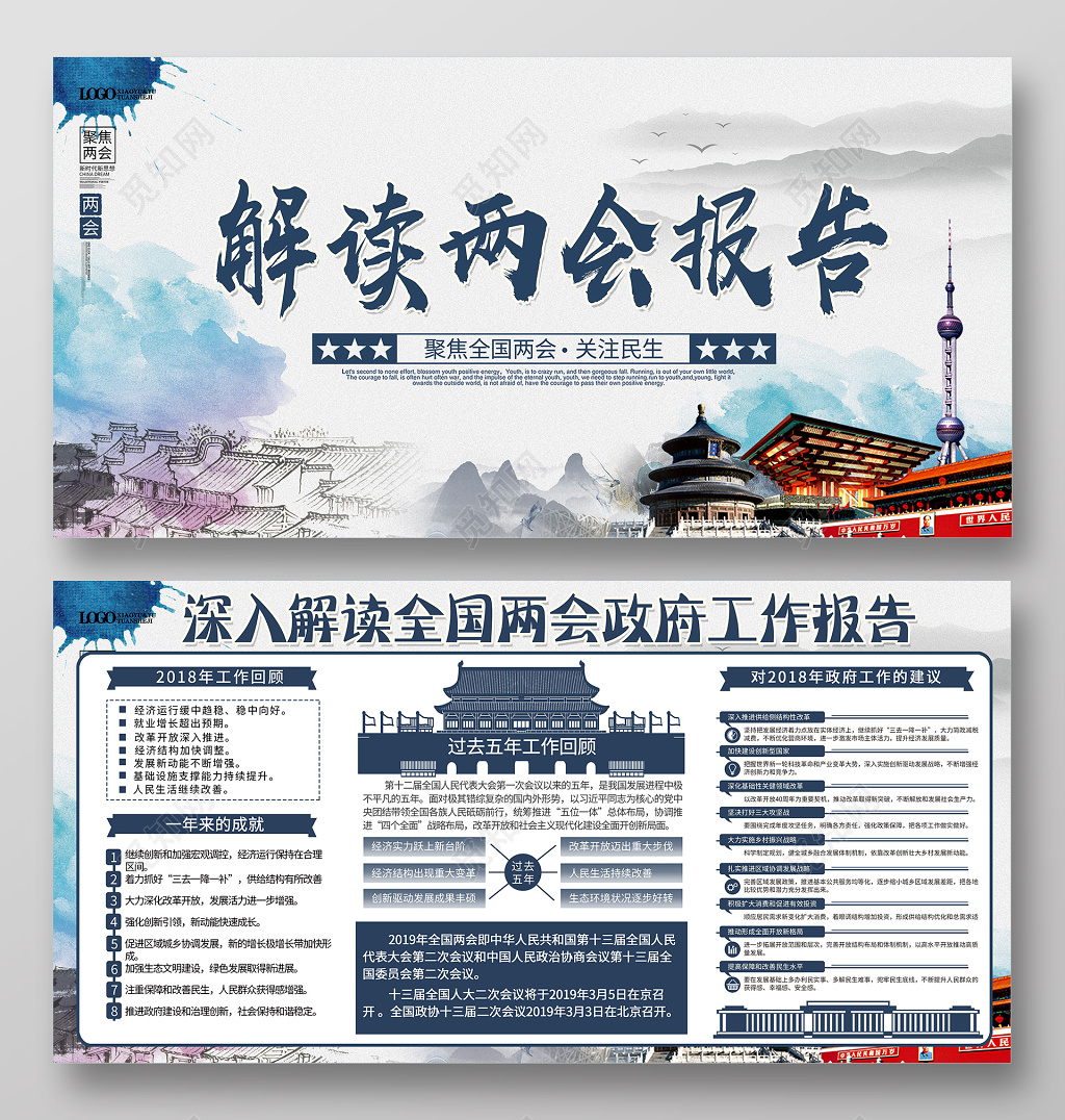 水墨聚焦两会解读两会报告党建党课展板