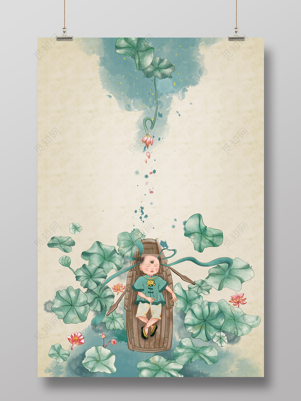 中国风小暑荷塘元素PS背景模板