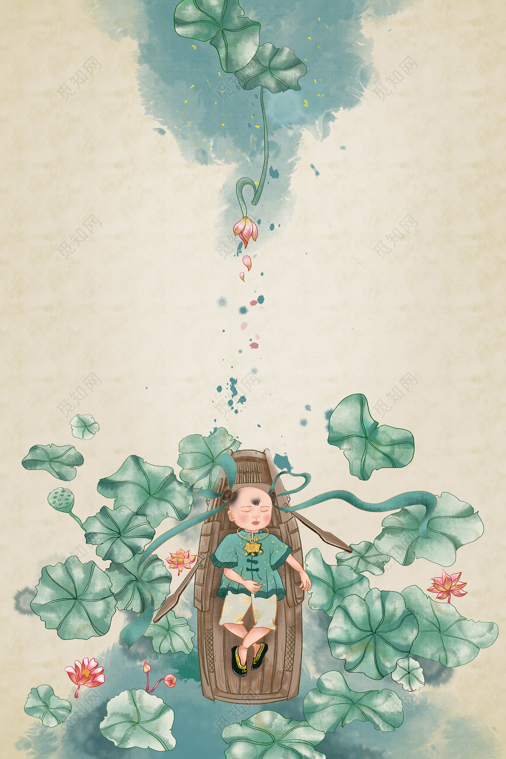 中国风小暑荷塘元素PS背景模板