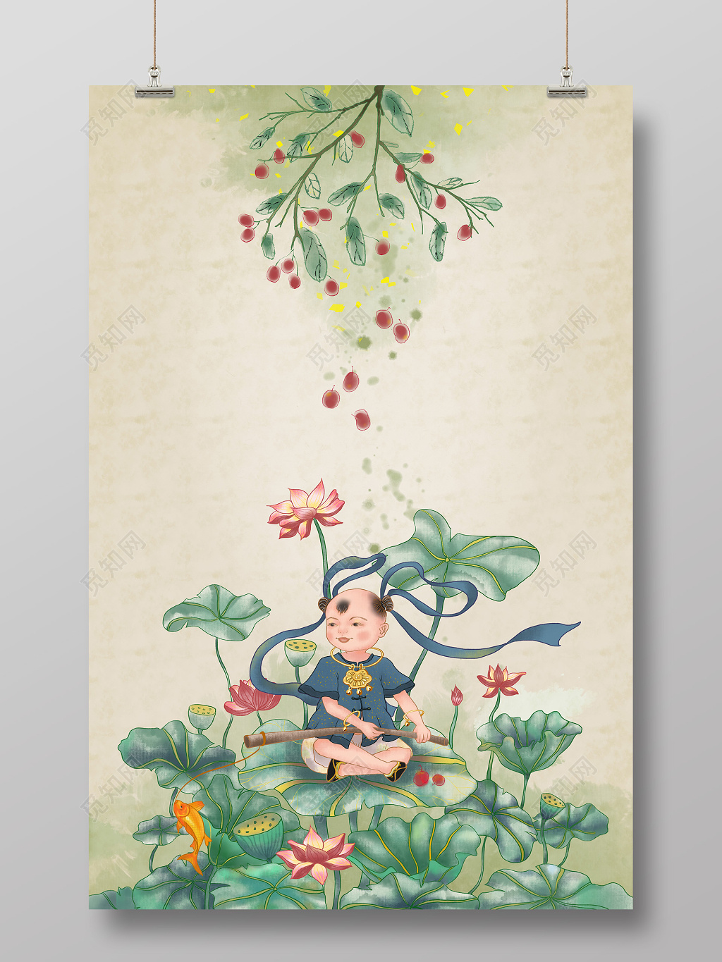 中国风小暑荷塘元素PS背景模板