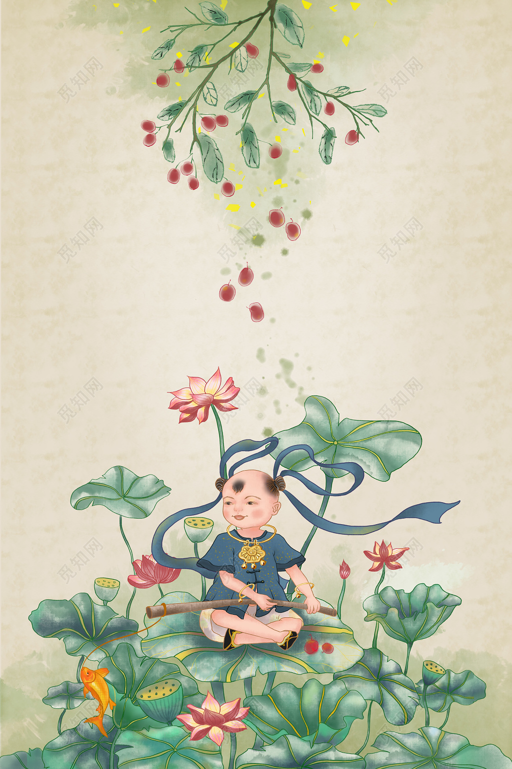 中国风小暑荷塘元素PS背景模板