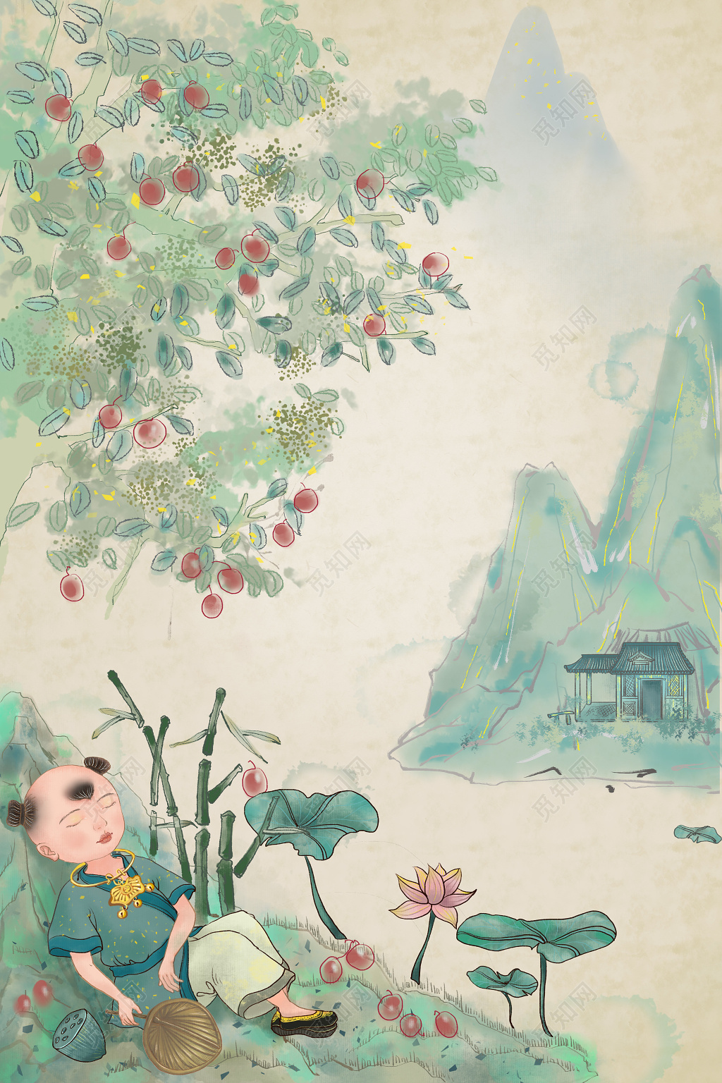 中国风小暑樱桃远山PS背景模板