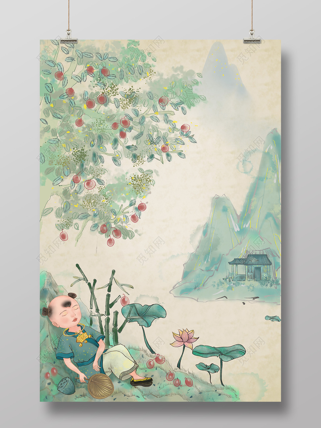 中国风小暑樱桃远山PS背景模板