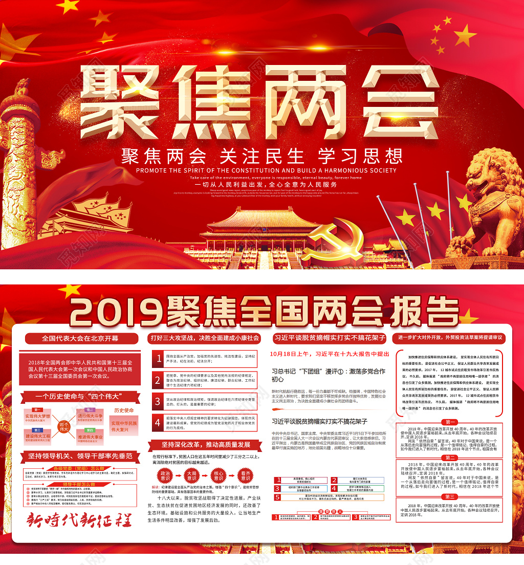 2019聚焦两会红色大气党建党课政府机关展板