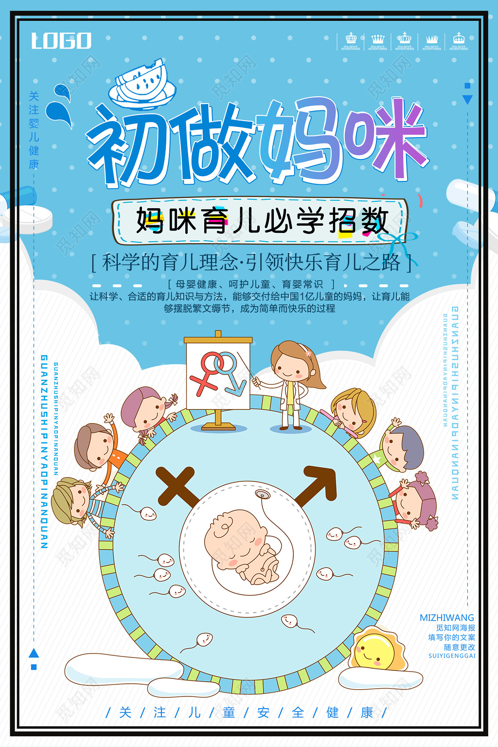 母婴胎教育儿知识初做妈咪科学育儿卡通宣传海报