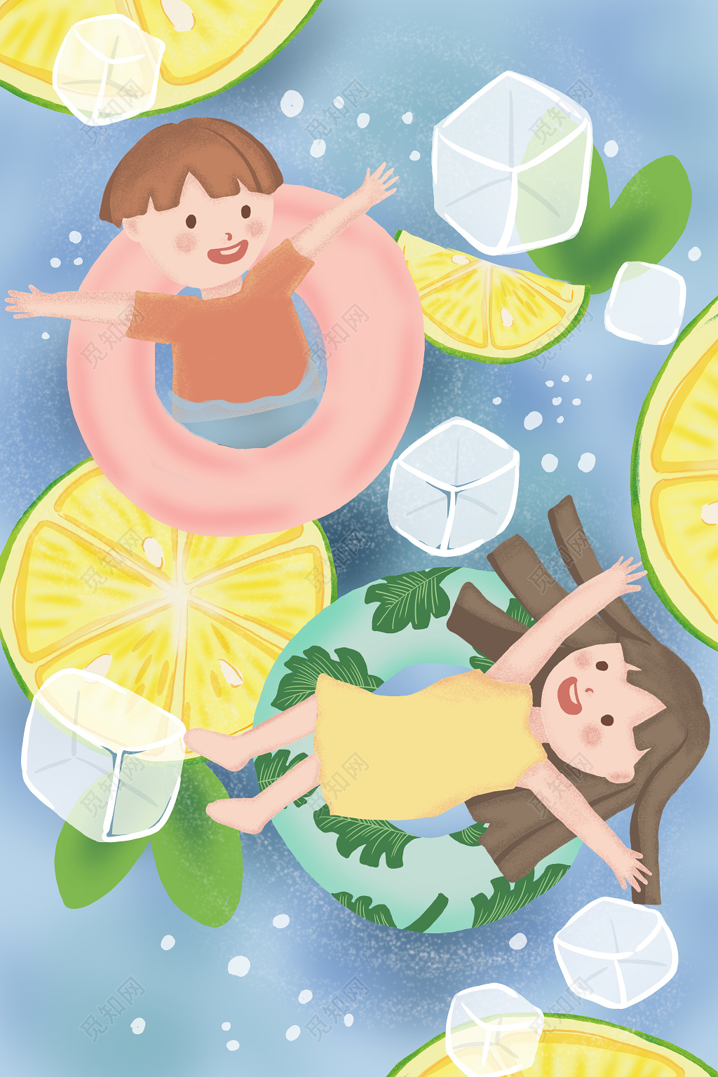 卡通手绘夏天儿童游泳插画海报