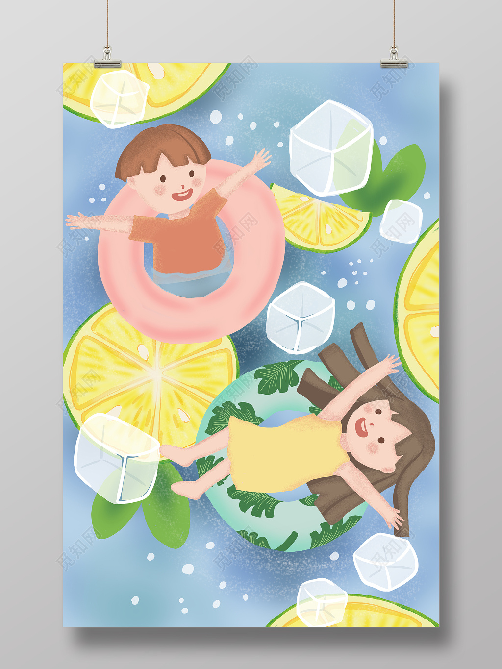 卡通手绘夏天儿童游泳插画海报