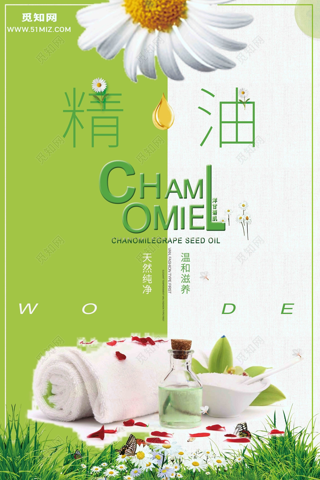 嫩绿清新精油护肤品洋甘菊海报创意产品海报