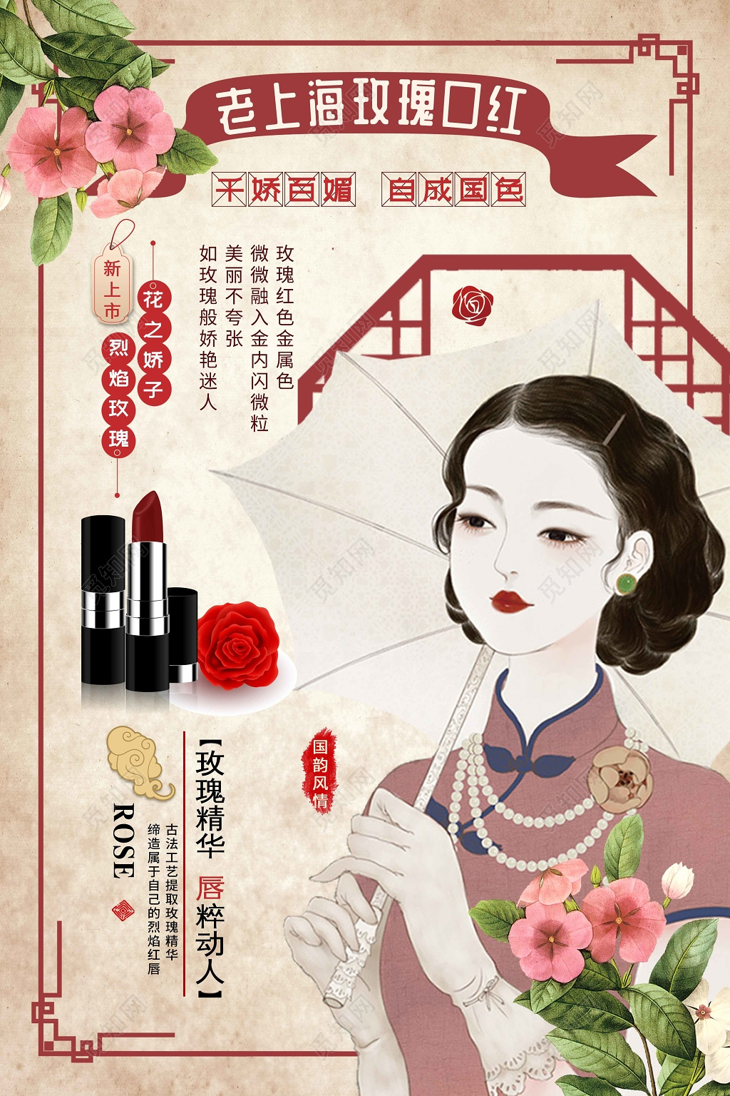 创意复古风老上海玫瑰口红产品宣传海报