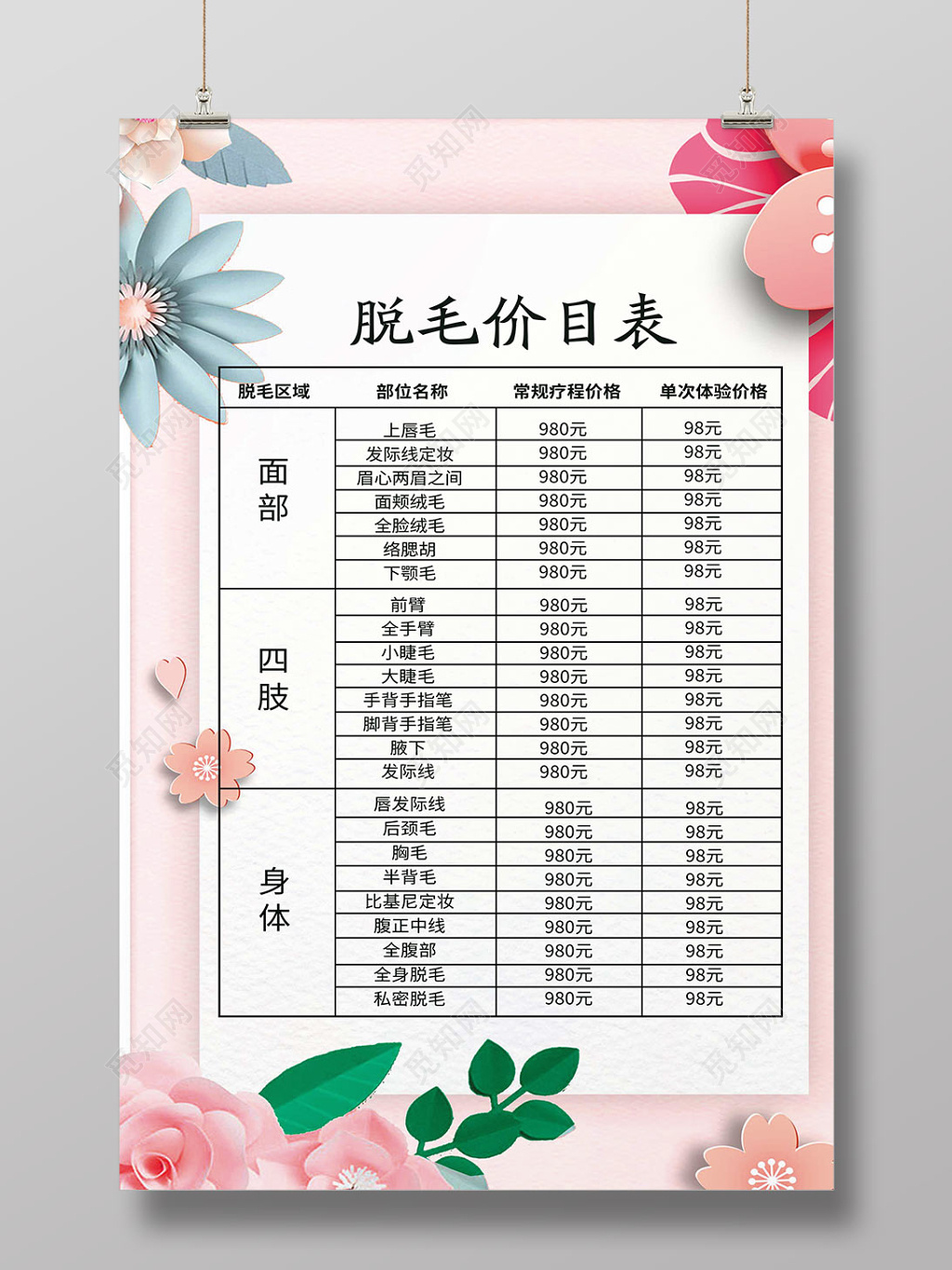美容脱毛价目表海报