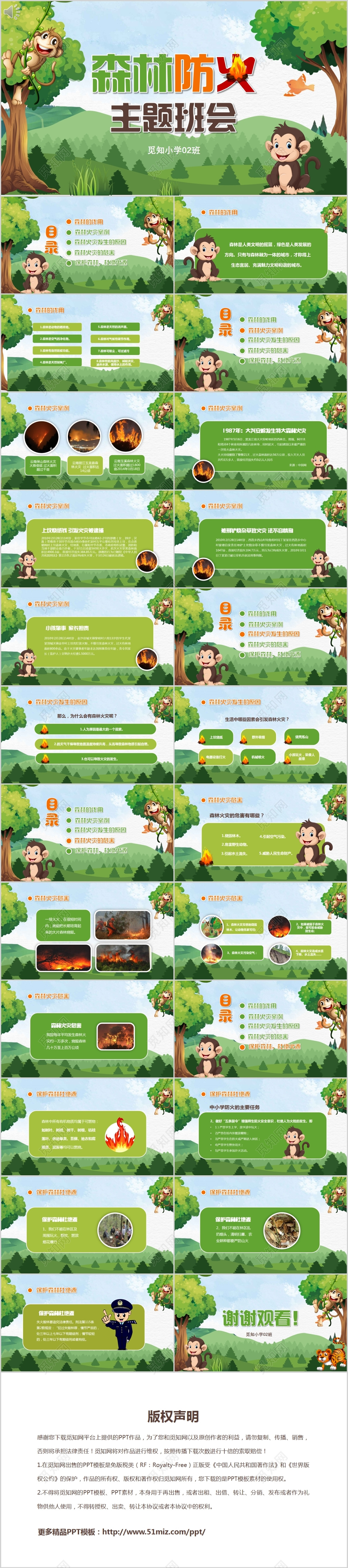 绿色儿童卡通校园森林防火主题班会课件ppt模板