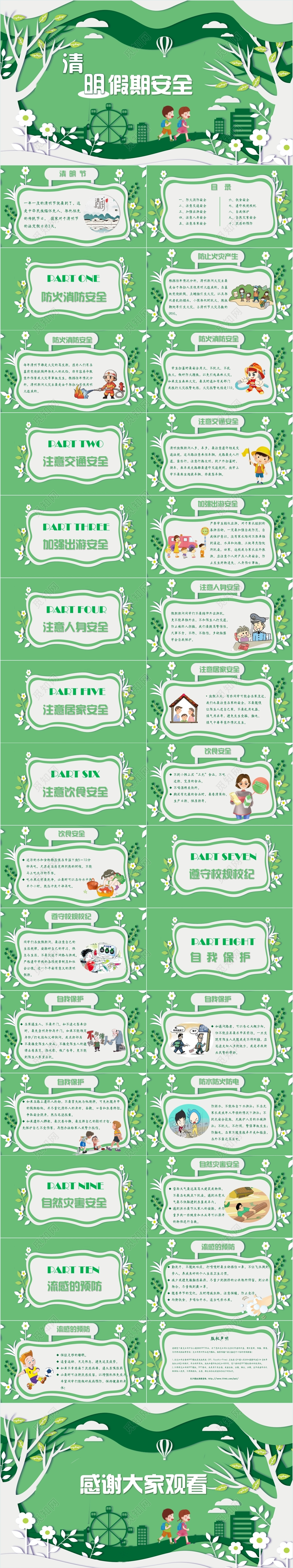 绿色卡通儿童风清明节假期安全教育主题班会PPT模板 