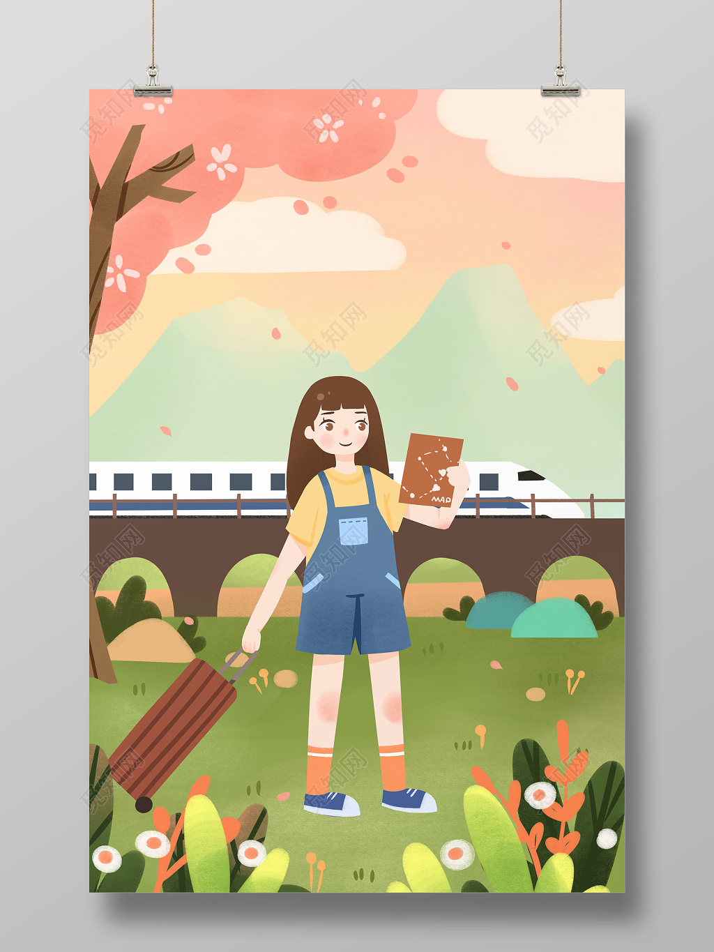 卡通可爱少女春日旅行海报素材