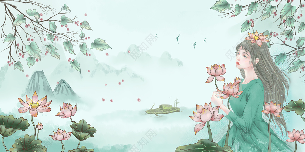 中国风小暑荷花樱桃PS背景