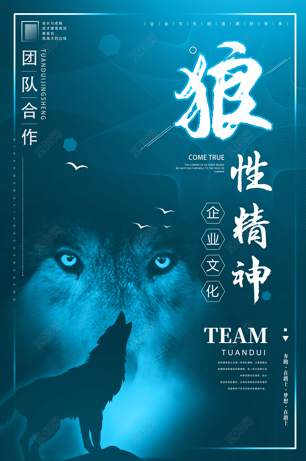 蓝绿色企业文化狼性精神公司文化励志宣传标语海报设计