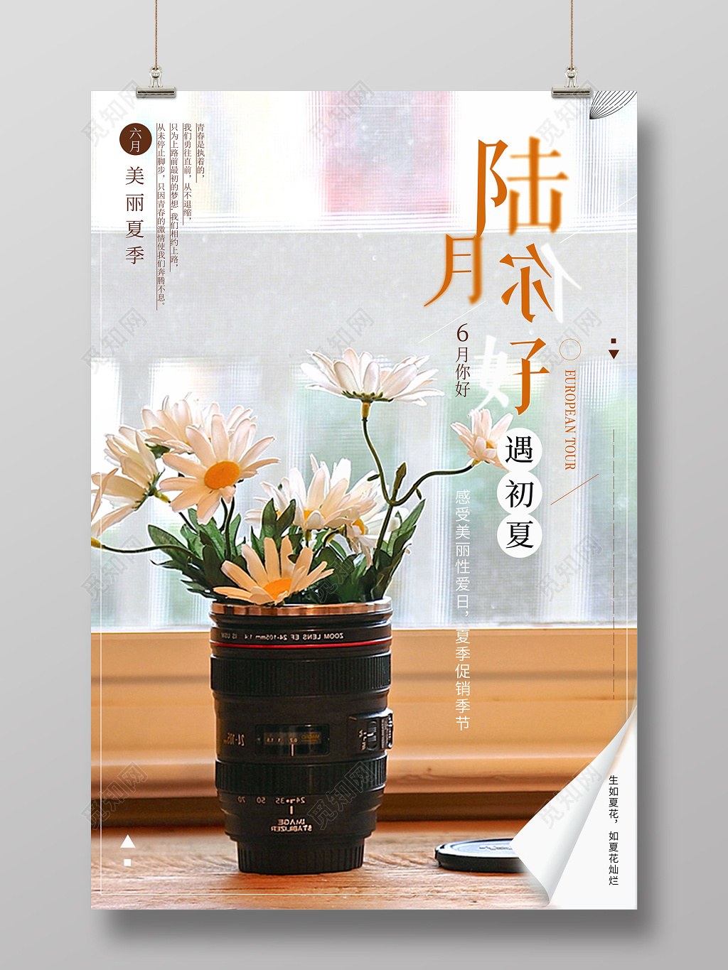 6月鲜花小清新六月你好夏季促销海报